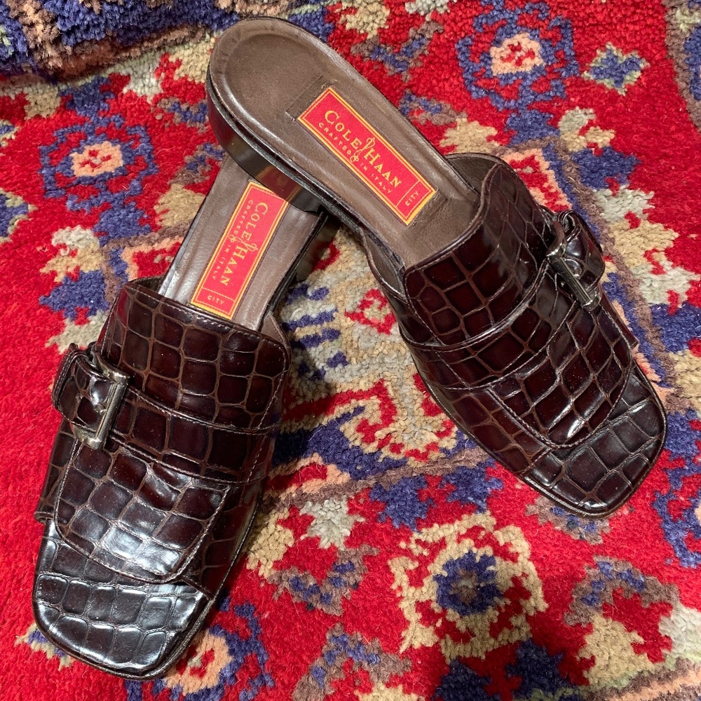 Cole Haan Dark Brown Croc-Embossed Slide Sandals with Buckle